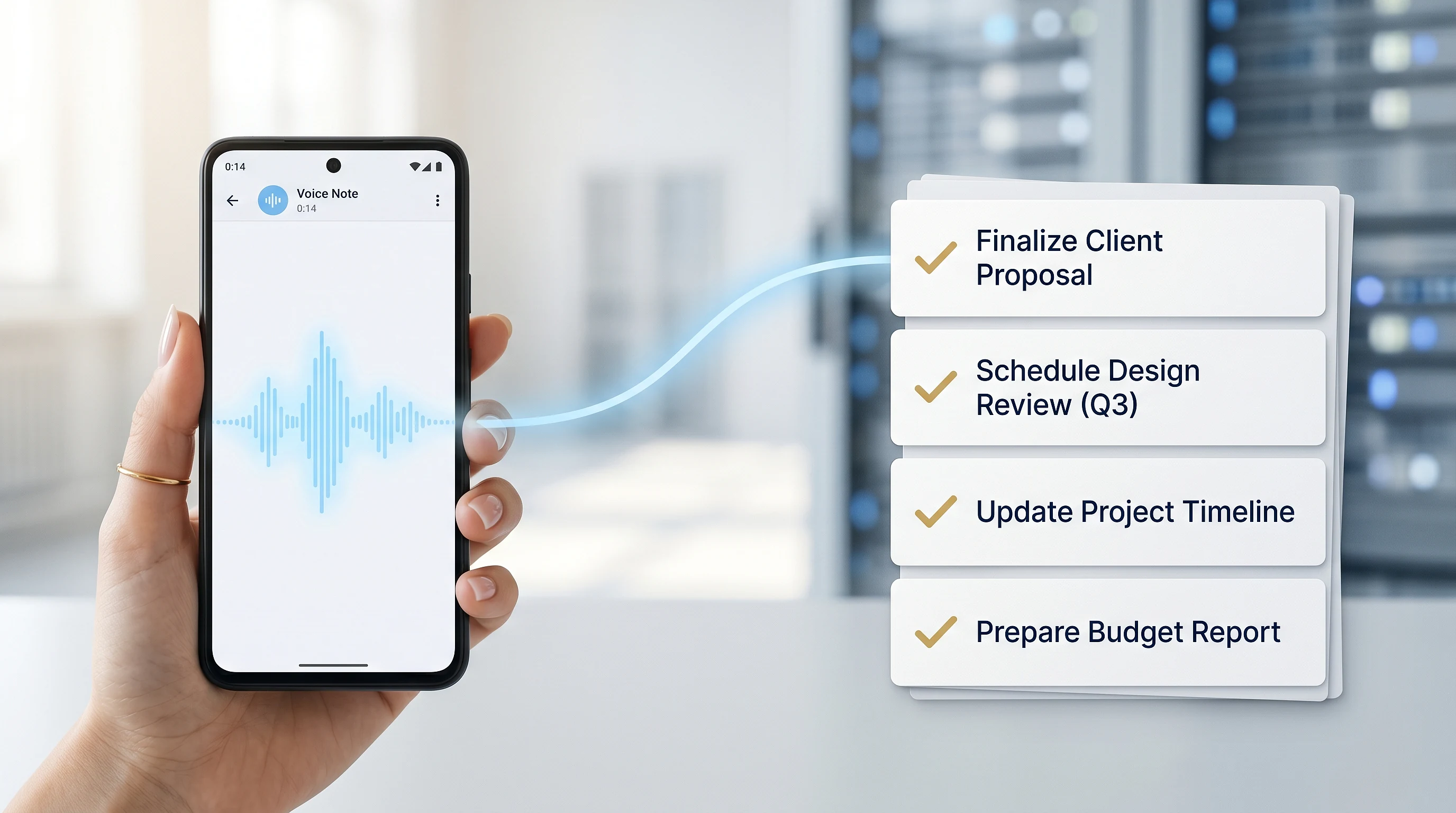 Telegram-Sprachnachricht auf dem Smartphone wird auf EU-Server-Infrastruktur transkribiert, klassifiziert und als Task-Liste abgelegt